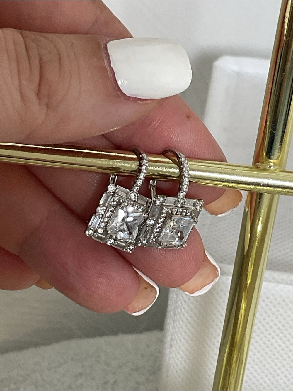 Sterling Silver 925 CZ Princess Cut Double Halo Baguette Leverback Earrings - Picture 2 of 7